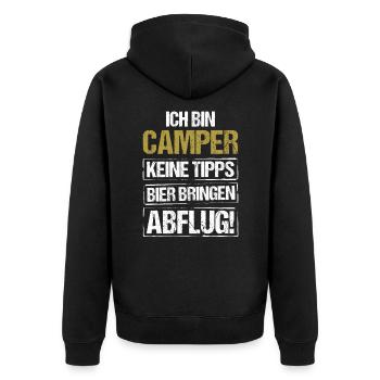 Ich bin Camper - Bier bringen und Abflug - Unisex Premium Bio Zip Hoodie - Schwarz - Hinten - Nico (187cm)