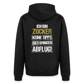 Ich bin Zocker - Bier bringen und Abflug - Unisex Premium Bio Zip Hoodie - Schwarz - Hinten - Nico (187cm)