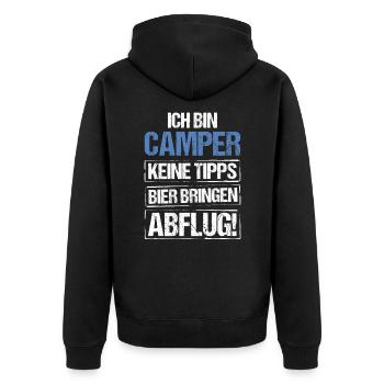 Ich bin Camper - Bier bringen und Abflug - Unisex Premium Bio Zip Hoodie - Schwarz - Hinten - Nico (187cm)