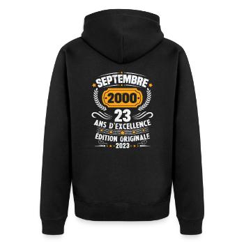 Cadeau anniversaire 23 Ans septembre 2000 Vintage - Veste à capuche bio Premium Unisexe - noir - Dos - Nico (187cm)
