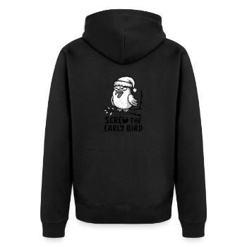 Der frühe Vogel kann mich mal - Unisex Premium Bio Zip Hoodie - Schwarz - Hinten - Nico (187cm)