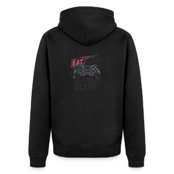 Eat, Sleep, Game, Repeat - Unisex Premium Bio Zip Hoodie - Schwarz - Hinten - Nico (187cm)