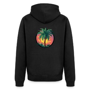 Tropische Palme bei Sonnenuntergang – Urlaubsmotiv - Unisex Premium Bio Zip Hoodie - Schwarz - Hinten - Nico (187cm)