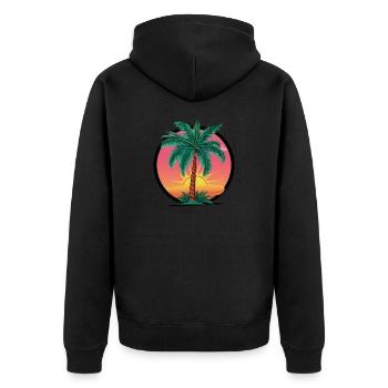 Tropische Palme bei Sonnenuntergang – Urlaubsmotiv - Unisex Premium Bio Zip Hoodie - Schwarz - Hinten - Nico (187cm)