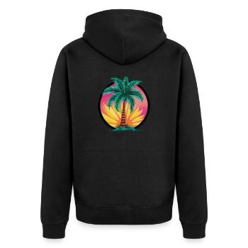 Tropische Palme bei Sonnenuntergang – Urlaubsmotiv - Unisex Premium Bio Zip Hoodie - Schwarz - Hinten - Nico (187cm)