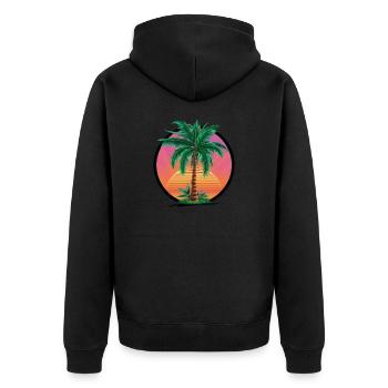 Tropische Palme bei Sonnenuntergang – Urlaubsmotiv - Unisex Premium Bio Zip Hoodie - Schwarz - Hinten - Nico (187cm)