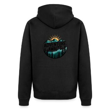 Adventure Awaits – Bergpanorama - Unisex Premium Bio Zip Hoodie - Schwarz - Hinten - Nico (187cm)