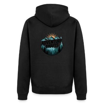 Adventure Awaits – Bergpanorama - Unisex Premium Bio Zip Hoodie - Schwarz - Hinten - Nico (187cm)