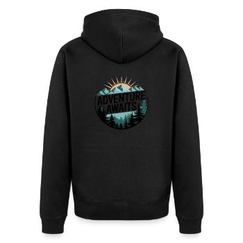 Adventure Awaits – Bergpanorama - Unisex Premium Bio Zip Hoodie - Schwarz - Hinten - Nico (187cm)