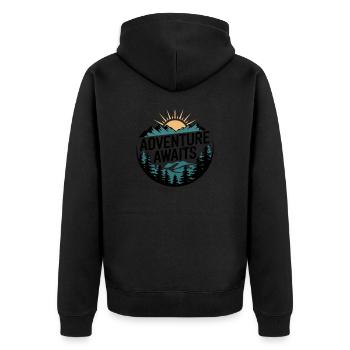 Adventure Awaits – Bergpanorama - Unisex Premium Bio Zip Hoodie - Schwarz - Hinten - Nico (187cm)