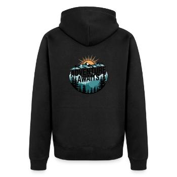 Adventure Awaits – Bergpanorama - Unisex Premium Bio Zip Hoodie - Schwarz - Hinten - Nico (187cm)