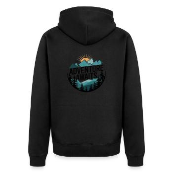 Adventure Awaits – Bergpanorama - Unisex Premium Bio Zip Hoodie - Schwarz - Hinten - Nico (187cm)
