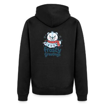 Frostige Grüße – Eisbär mit Lichterkette - Unisex Premium Bio Zip Hoodie - Schwarz - Hinten - Nico (187cm)
