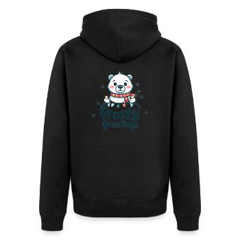 Frostige Grüße – Eisbär mit Lichterkette - Unisex Premium Bio Zip Hoodie - Schwarz - Hinten - Nico (187cm)