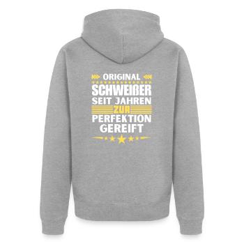 Zur Perfektion gereifter Schweißer - Unisex Premium Bio Zip Hoodie - Grau meliert - Hinten - Nico (187cm)