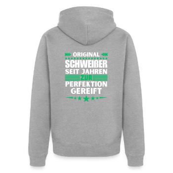 Zur Perfektion gereifter Schweißer - Unisex Premium Bio Zip Hoodie - Grau meliert - Hinten - Nico (187cm)