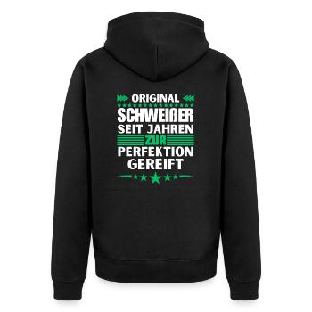 Zur Perfektion gereifter Schweißer - Unisex Premium Bio Zip Hoodie - Schwarz - Hinten - Nico (187cm)