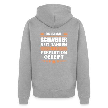 Zur Perfektion gereifter Schweißer - Unisex Premium Bio Zip Hoodie - Grau meliert - Hinten - Nico (187cm)