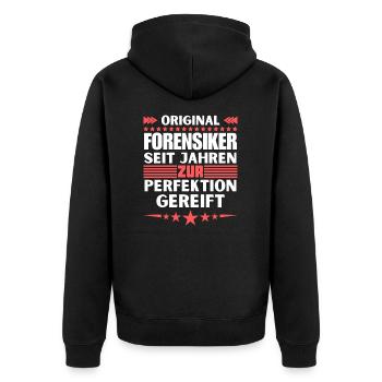 Zur Perfektion gereifter Forensiker - Unisex Premium Bio Zip Hoodie - Schwarz - Hinten - Nico (187cm)