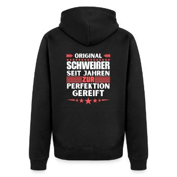 Zur Perfektion gereifter Schweißer - Unisex Premium Bio Zip Hoodie - Schwarz - Hinten - Nico (187cm)