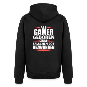 Gamer im falschen Job gelandet - Unisex Premium Bio Zip Hoodie - Schwarz - Hinten - Nico (187cm)