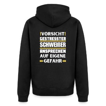 Gestresster Schweißer nicht ansprechen! - Unisex Premium Bio Zip Hoodie - Schwarz - Hinten - Nico (187cm)