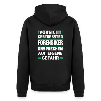 Gestresster Forensiker nicht ansprechen! - Unisex Premium Bio Zip Hoodie - Schwarz - Hinten - Nico (187cm)
