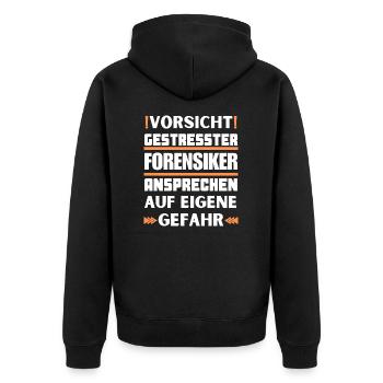 Gestresster Forensiker nicht ansprechen! - Unisex Premium Bio Zip Hoodie - Schwarz - Hinten - Nico (187cm)