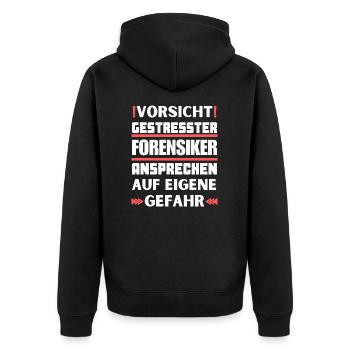 Gestresster Forensiker nicht ansprechen! - Unisex Premium Bio Zip Hoodie - Schwarz - Hinten - Nico (187cm)