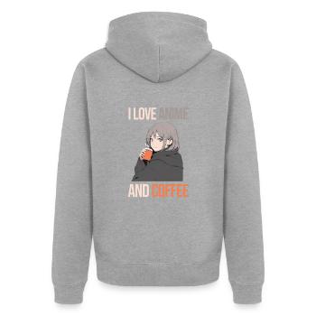 Ich liebe Anime und Kaffee - Manga Stil. - Unisex Premium Bio Zip Hoodie - Grau meliert - Hinten - Nico (187cm)