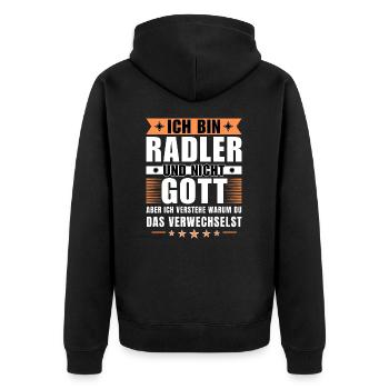 Ich bin Radler und nicht Gott - Unisex Premium Bio Zip Hoodie - Schwarz - Hinten - Nico (187cm)