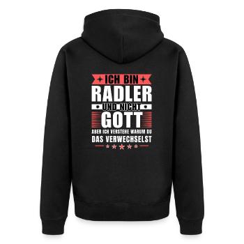 Ich bin Radler und nicht Gott - Unisex Premium Bio Zip Hoodie - Schwarz - Hinten - Nico (187cm)