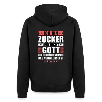 Ich bin Zocker und nicht Gott - Unisex Premium Bio Zip Hoodie - Schwarz - Hinten - Nico (187cm)