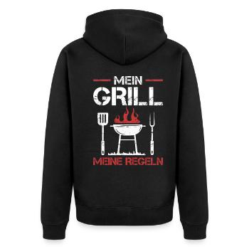 Mein Grill meine Regeln Grillmeister Grillparty - Unisex Premium Bio Zip Hoodie - Schwarz - Hinten - Nico (187cm)