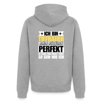 Perfekter Tiefbauer - Unisex Premium Bio Zip Hoodie - Grau meliert - Hinten - Nico (187cm)