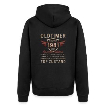 44. Geburtstag Oldtimer August Jahrgang 1981 - Unisex Premium Bio Zip Hoodie - Schwarz - Hinten - Nico (187cm)