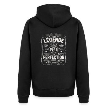 77e anniversaire Légende August Né en 1948 - Veste à capuche bio Premium Unisexe - noir - Dos - Nico (187cm)