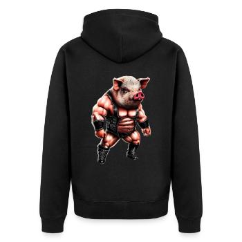 Wrestler Schwein - Unisex Premium Bio Zip Hoodie - Schwarz - Hinten - Nico (187cm)