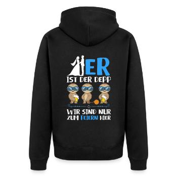 Er ist der Depp wir sind nur zum Saufen hier - Unisex Premium Bio Zip Hoodie - Schwarz - Hinten - Nico (187cm)