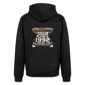 33. Geburtstag Oldtimer März 1992 Jahrgang 92 - Unisex Premium Bio Zip Hoodie - Schwarz - Hinten - Nico (187cm)