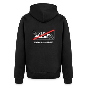 #SAYNOTOSPACEFRAMES White Text - Unisex Premium Organic Zip Hoodie - black - Back - Nico (187cm)