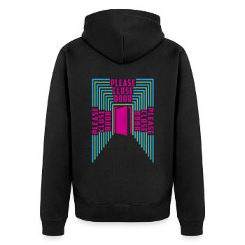 Tür schließen bitte | Farben änderbar - Unisex Premium Bio Zip Hoodie - Schwarz - Hinten - Nico (187cm)