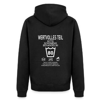 SCHONEND BEHANDELN Geschenk 80. Geburtstag - Unisex Premium Bio Zip Hoodie - Schwarz - Hinten - Nico (187cm)