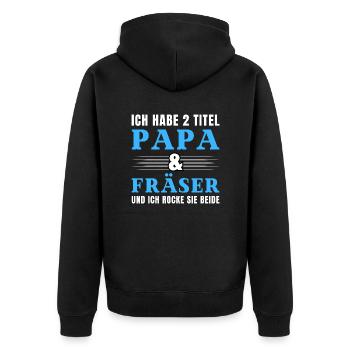 Ich habe 2 Titel Papa und Fräser - Unisex Premium Bio Zip Hoodie - Schwarz - Hinten - Nico (187cm)
