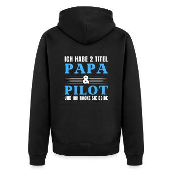 Ich habe 2 Titel Papa und Pilot - Unisex Premium Bio Zip Hoodie - Schwarz - Hinten - Nico (187cm)