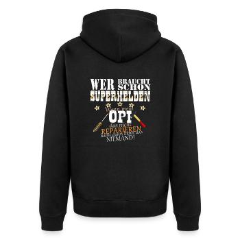 Opi Superheld - Unisex Premium Bio Zip Hoodie - Schwarz - Hinten - Nico (187cm)