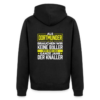 DORTMUNDER - Böller - Unisex Premium Bio Zip Hoodie - Schwarz - Hinten - Nico (187cm)