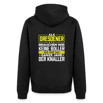 DRESDENER - Böller - Unisex Premium Bio Zip Hoodie - Schwarz - Hinten - Nico (187cm)
