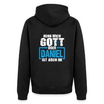 DANIEL - ok - Unisex Premium Bio Zip Hoodie - Schwarz - Hinten - Nico (187cm)