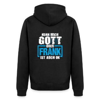 FRANK - ok - Unisex Premium Bio Zip Hoodie - Schwarz - Hinten - Nico (187cm)